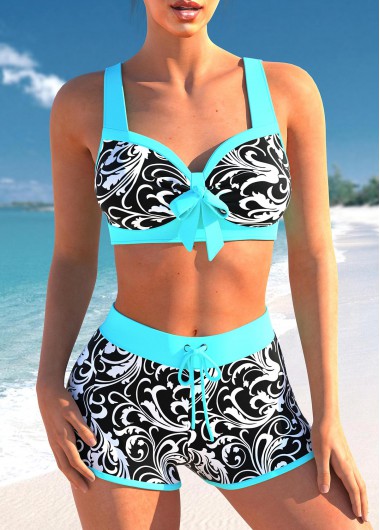 Modlily Contrast Stitch Cyan Floral Print Bikini Set - M