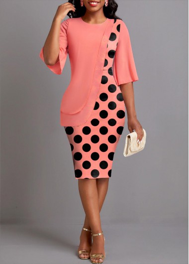 Modlily Coral Asymmetry Polka Dot Half Sleeve Bodycon Dress - M