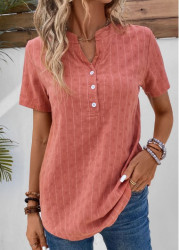 Modlily Coral Button Striped Short Sleeve Split Neck Blouse - M