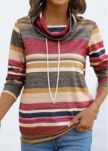 Modlily Coral Drawstring Multi Stripe Print Long Sleeve T Shirt - M