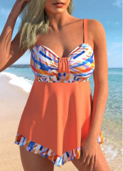 Modlily Coral Orange Asymmetric Hem Geometric Print Swimdress Top - S