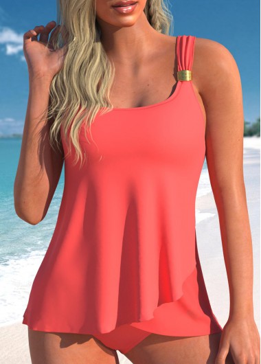 Modlily Coral Red Metal Detail Wide Strap Tankini Set - S