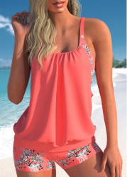 Modlily Coral Red Plant Print Blouson Tankini Set - XL