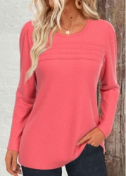 Modlily Coral Tuck Stitch Long Sleeve Round Neck T Shirt - S