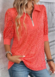 Modlily Coral Zipper Half Sleeve Shirt Collar Blouse - S