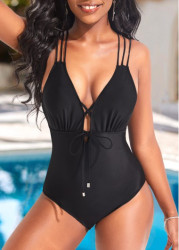 Modlily Criss Cross Black Tie Front One Piece Swimwear - S