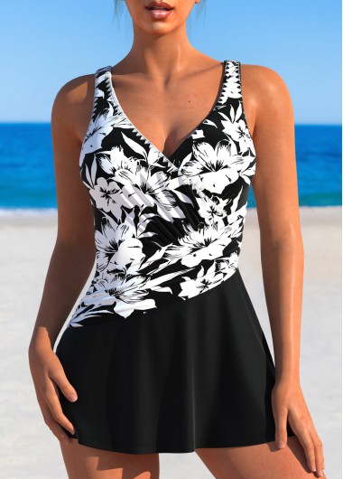 Modlily Criss Cross Floral Print Black One Piece Swimdress - S