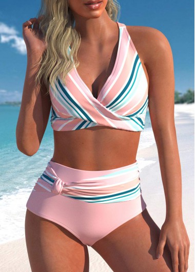 Modlily Criss Cross Multi Stripe Print Bikini Set - S