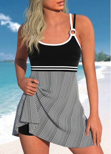 Modlily Criss Cross Striped Black Swimdress Set - S