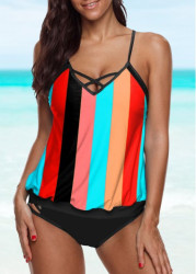 Modlily Criss Cross Striped Multi Color Tankini Set - S