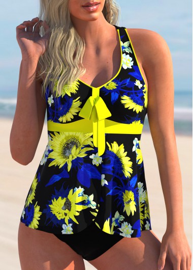 Modlily Criss Cross Sunflower Print Yellow Tankini Set - S