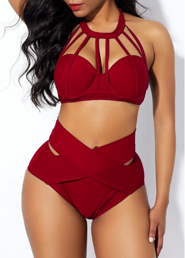 Modlily Cross Front High Waist Cage Neck Bikini Set - XL