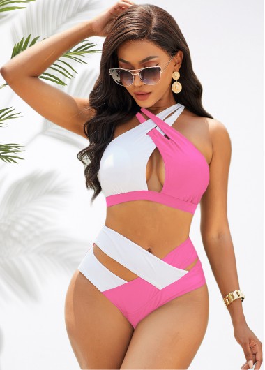 Modlily Cross Halter Contrast High Waist Bikini Set - XXL