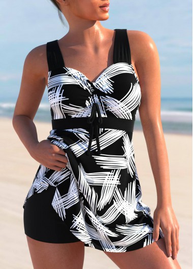 Modlily Cross Strap Printed Black Swimdress Top - S