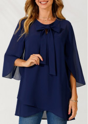 Modlily Crossover Hem Navy Blue Bowknot Blouse - M