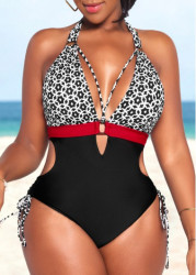 Modlily Cut Out Geometric Print Black One Piece Swimwear - XL