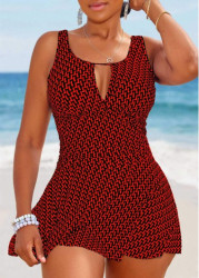 Modlily Cut Out Geometric Print Red One Piece Swimdress - M