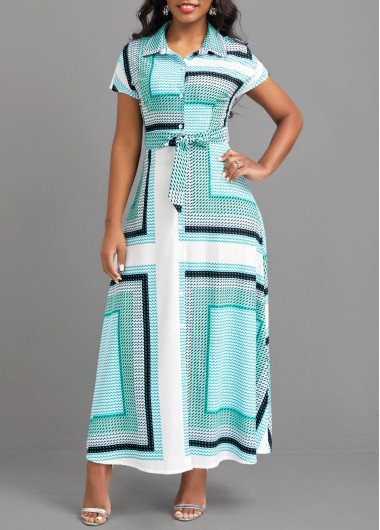 Modlily Cyan Button Geometric Print Belted Maxi Dress - L