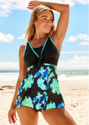 Modlily Cyan Floral Print Wide Strap Swimdress Top - S