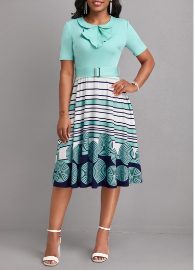 Modlily Cyan Frill Striped Belted Short Sleeve Dress - M