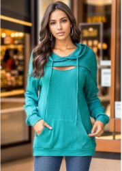 Modlily Cyan Lace Up Long Sleeve Hoodie - S