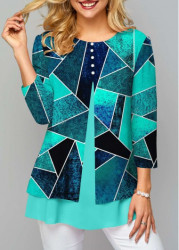 Modlily Cyan Layered Round Neck Geometric Print Blouse - S