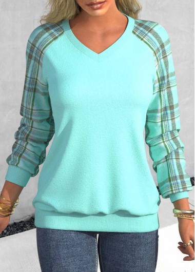 Modlily Cyan Patchwork Plaid Long Sleeve V Neck Sweatshirt - S