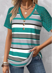 Modlily Cyan Patchwork Striped Short Sleeve T Shirt - XXL