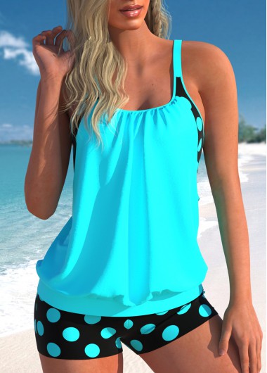 Modlily Cyan Polka Dot Wide Strap Blouson Tankini Set - XXL