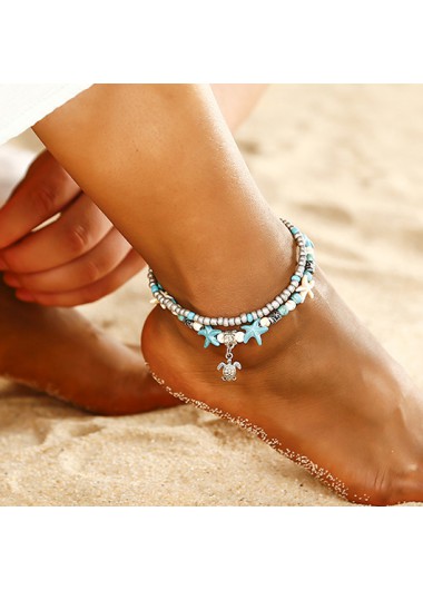 Modlily Cyan Round Layered Beads Detail Anklet - One Size