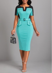 Modlily Cyan Split Belted Short Sleeve Bodycon Dress - XL