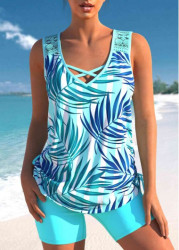 Modlily Cyan Tropical Print Wide Straps Tankini With Shorts Cyan Lace Stitching Tankini Set - XXL