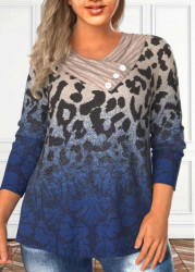 Modlily Dark Blue Asymmetry Plus Size Leopard T Shirt - 1X