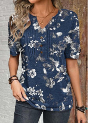 Modlily Dark Blue Button Floral Print Short Sleeve T Shirt - S