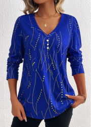 Modlily Dark Blue Button Geometric Print Long Sleeve T Shirt - S