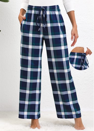 Modlily Dark Blue Drawstring Plaid Wide Leg Elastic Waist Pants - S