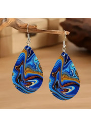 Modlily Dark Blue Droplet Wood Detail Earrings - One Size