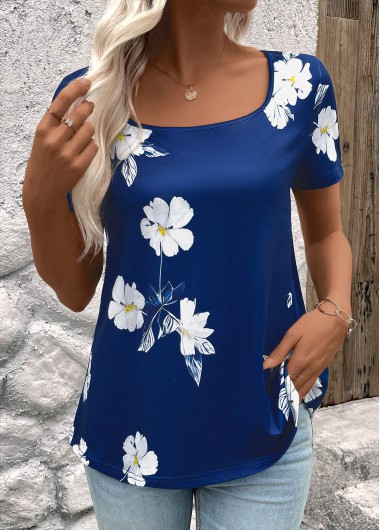 Modlily Dark Blue Floral Print Short Sleeve T Shirt - S