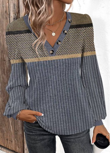 Modlily Dark Blue Patchwork Geometric Print Long Sleeve T Shirt - M