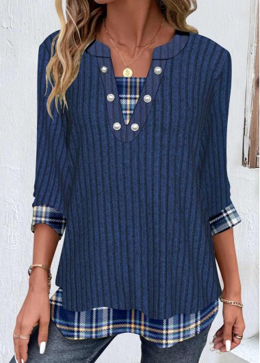 Modlily Dark Blue Patchwork Plaid 3/4 Sleeve T Shirt - S