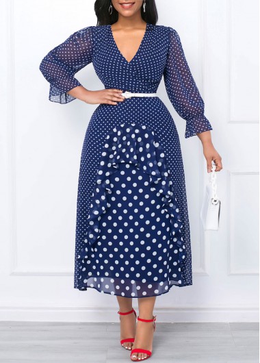 Modlily Dark Blue Patchwork Polka Dot Cross Collar Dress - S