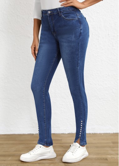 Modlily Dark Blue Split Skinny Button Fly High Waisted Jeans - S