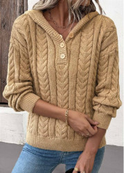 Modlily Dark Camel Button Long Sleeve Hooded Sweater - S