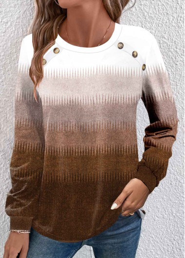 Modlily Dark Camel Button Ombre Long Sleeve T Shirt - L