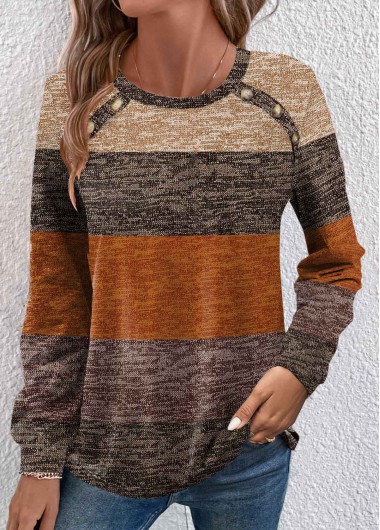 Modlily Dark Camel Button Striped Long Sleeve T Shirt - M