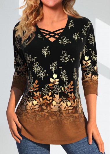 Modlily Dark Camel Criss Cross Leaf Print T Shirt - M