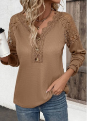 Modlily Dark Camel Embroidery Long Sleeve V Neck T Shirt - S