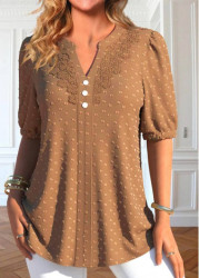 Modlily Dark Camel Lace Short Sleeve Split Neck Blouse - S