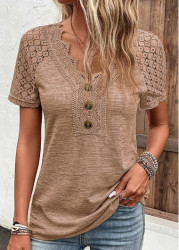 Modlily Dark Camel Lace Short Sleeve T Shirt - S