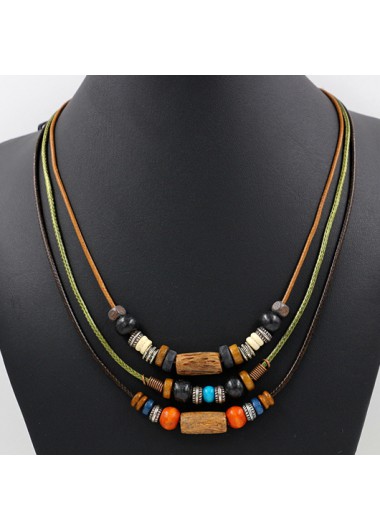 Modlily Dark Camel Layered Beaded Wooden Necklace - One Size